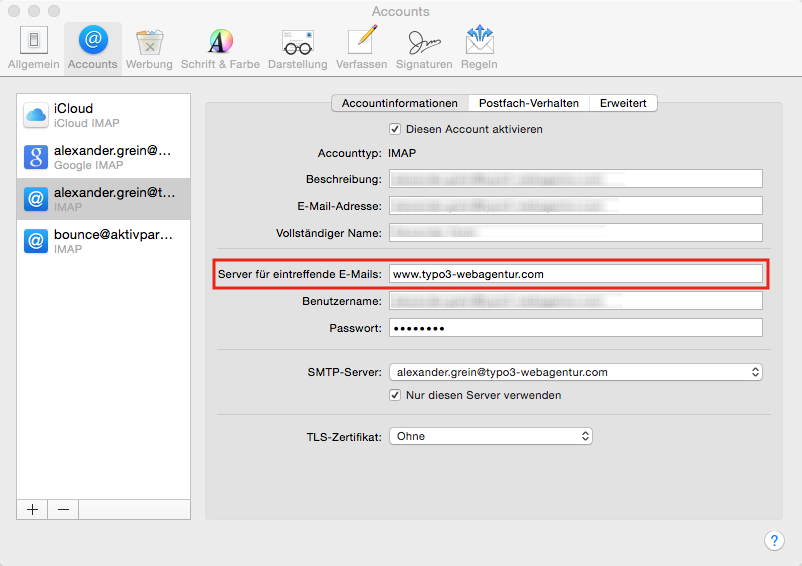 Server für eintreffene E-Mails Server für eintreffene E-Mails