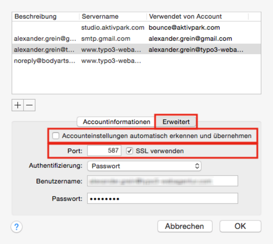 SMTP-Serverport und Sicherheit