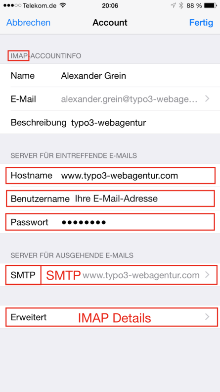 Apple Mail IMAP Konto Übersicht