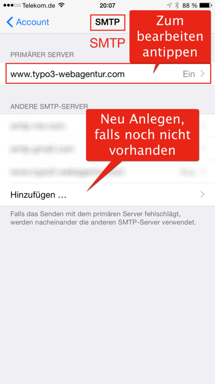 Apple Mail IMAP Konto SMTP Übersicht