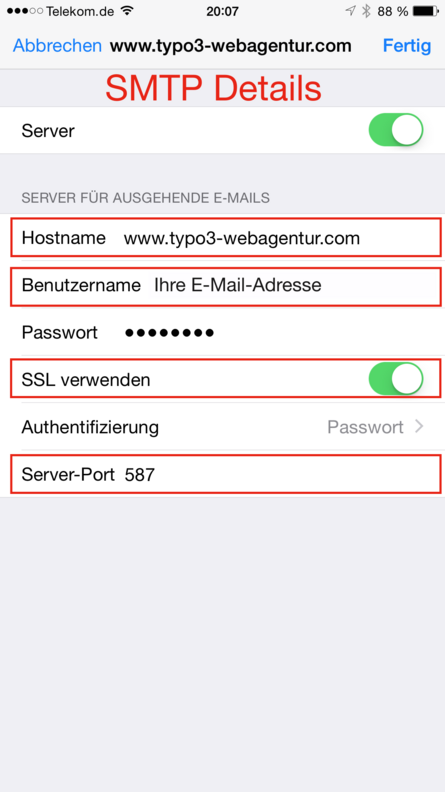 Apple Mail IMAP Konto SMTP Details